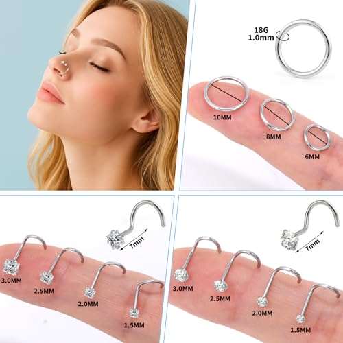 20g Nose Rings Studs and 18g Nose Rings Hoops for Women Men: Hypoallergenic Surgical Stainless Steel Threadless Corkscrew/L Shape/Straight Nose Studs Round Square Simulated Diamond CZ 1.5/2/2.5/3mm Nose Bone Studs Hinged Clicker Segment Nose Hoops Septum