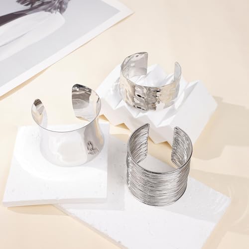 3PCS Chunky Cuff Bracelets for Women Irregular Minimalist Statement Bangle Bracelets Set Open Wide Wire Grooved Hammered Bangle Bracelet Gold Sliver Wrist Cuff Wrap Bracelet Adjustable - color: Silver Cuff Bracelets A