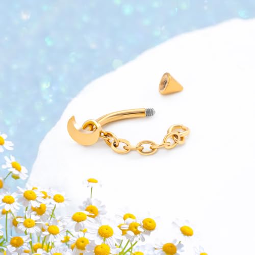 3 Pcs 316L Stainless Steel 16G Tragus Helix Rook Piercing Jewelry with Chain, Cartilage Earrings for Women, Belly Button Ring Vertical Labret Lip Piercing Jewelry - color: Gold, size: Moon