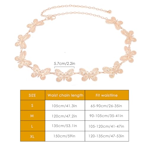 Waist Chain Belts Women Girls Metal Belly Link | Adjustable Waist Belt for Jeans and Dress - color: Gold Big Butterfly, size: L: 53.1 in