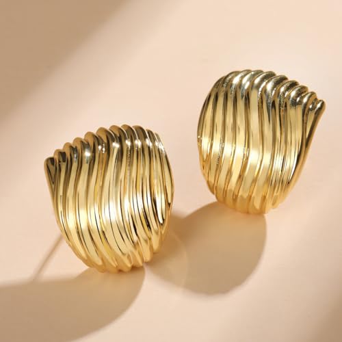 Gold Chunky Statement Earrings for Women, Trendy 14K Gold Plated Square Geometric Vintage Drop Dangle Designer Stud Earrings, Jewelry Gift - style: striped-gold