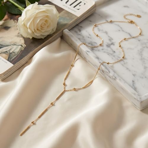 RINHOO Long Lariat Necklace for Women 18K Gold Plated Stainless Steel | Y-Drop Lariat Design, 18K Gold Hypoallergenic, Non-Tarnish V-Neck Layering, Wedding Prom Gift - color: Gold-Bar