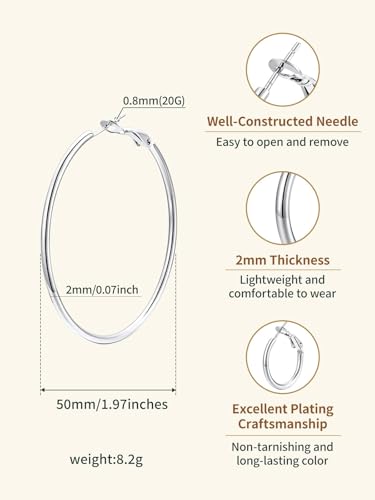FindChic Thin Hoop Earrings for Women,Silver/Black/Gold Plated 20-100mm - color: Silver, size: 50mm