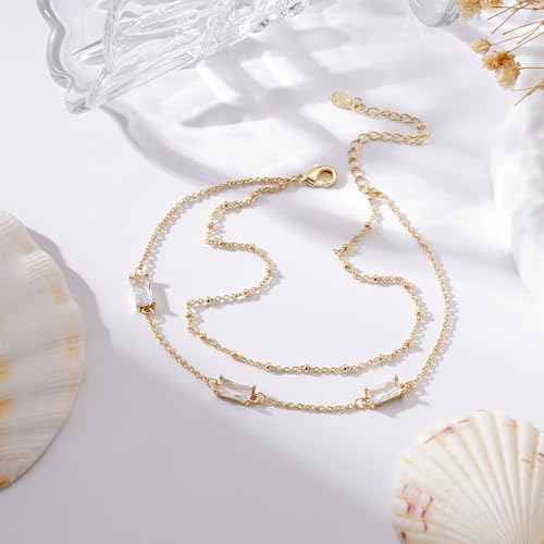 Anklets for Women Waterproof 14K Gold Plated Beach Ankle Bracelets Dainty Summer Bow Clover Heart Evil Eye Anklet Non Tarnish Layered Beach Cz Jewelry Accessories for Women Trendy - color: Gold-Square Cz