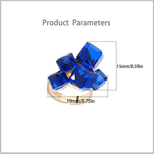Hebelee Boho Square Crystal Statement Ring for Women Adjustable | Gold-Toned Expandable Promise Engagement Geometric Rings Comfort Fit Elegant Art Deco Christmas Cocktail Y2K Jewelry - color: Blue