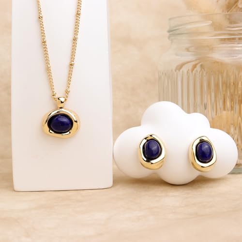 Jean Beau Gold Stone Pendant Necklaces for Women, Chunky Gemstone Dangle Necklace Wedding Prom Fashion Jewelry Gift - color: Navy Blue