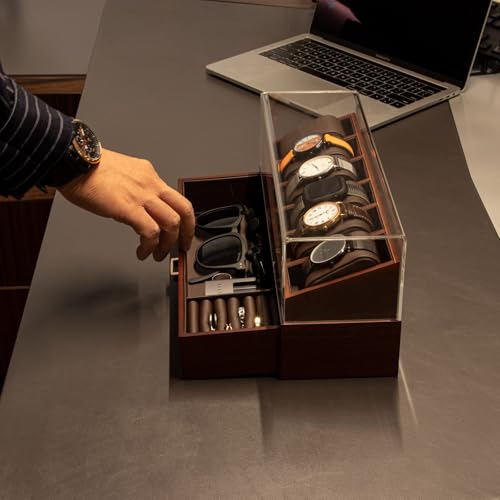 KAMIER High End Wooden Watch Box with 6 Slots & Glass Lid - 2-Layer Jewelry Organizer for Men - Watch Display Case, Ideal Business Gift for Watch Enthusiasts (with Gift Box), Walnut