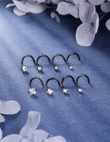 18G 20G 22G Titanium Stainless Surgical Steel Nose Rings Studs for Women L Shaped Nose Studs Screw Nose Ring Piercing Jewelry for Women Men Diamond CZ 1.5mm 2mm 2.5mm 3mm Silver Black Gold - style: 22g/Clear CZ/Screw/Black