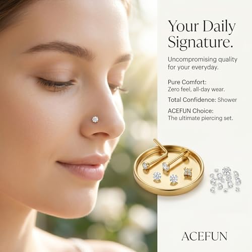 AceFun L Shape Nose Stud Flat Back 18G Threadless Gold Nose Stud for Women Men 316L Stainless Steel CZ Diamond Heart Ball Helix Tragus Piercing Jewelry Nostril Studs 9 Pieces Set - color: Nose Stud Flat Back-9 Pieces-Gold
