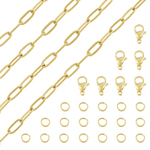 Pandahall 16.4 Ft 18K Gold Plated Paperclip Chains Stainless Steel Chains 9.7x4.2x1mm Gold Link Chains Kits with Lobster Clasps Jump Rings for DIY Bracelet Necklace Jewelry Making