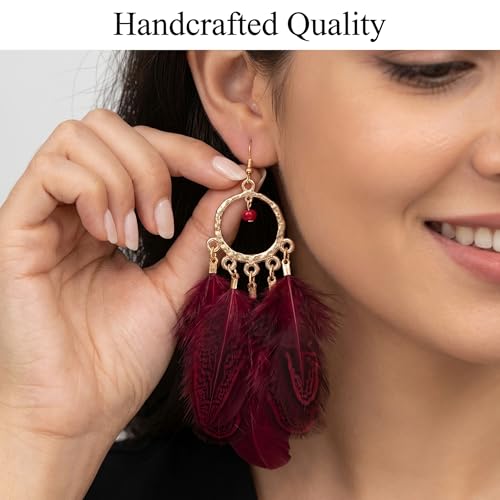 Vibrant Red Feather Drop Earrings for Women Vintage Hoop | Lightweight retro accessories complementing summer vacation outfits