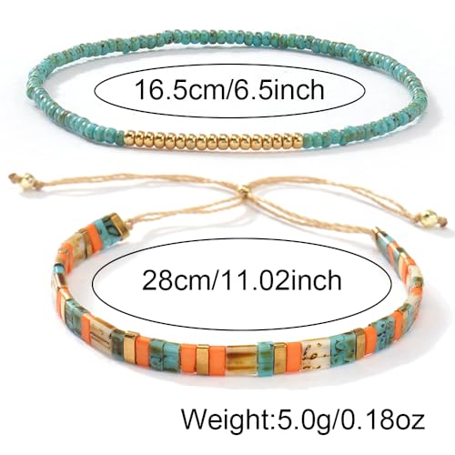 Tila Flat Beaded Stretch Bracelets for Women Stackable Gold Colorful Seed Beads Boho Bracelet Stack Adjustable Rope String Friendship Jewelry Trendy Holiday Gift - color: Teal