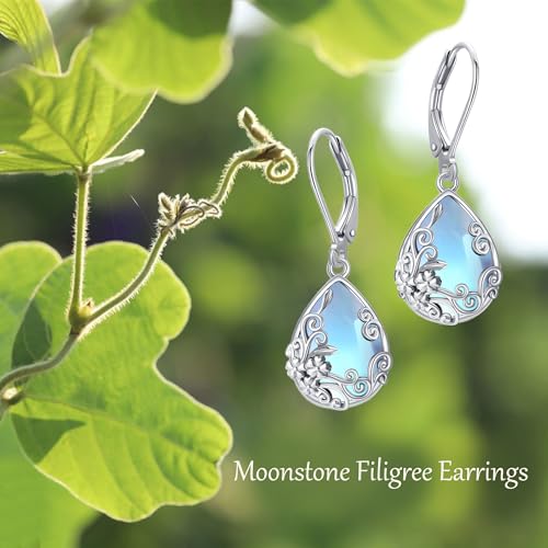 Black Onyx Earrings 925 Sterling Silver Black Onyx Dangle Drop Earrings Filigree Jewelry Gift for Women Girls - style: Moonstone Filigree