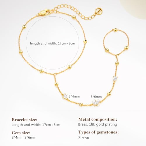 Cicy Bell Hand Chain Bracelets for Women 18K Gold Plated | Layered Stackable Dainty Ring Bracelets, Adjustable Satellite Bead Dot Link Finger Bracelets - color: Style E-Gold