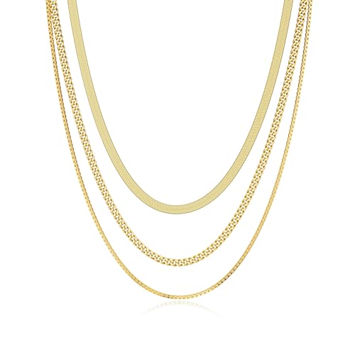 Tewiky Layered Necklaces for Women 14k Gold Plated Chain Necklace Set | Chunky Herringbone/Snake/Rope/Box/Cuban Link Chain for Women, Layering Stack Choker Necklace, Dainty Jewelry Set Non Tarnish - color: 3 Snake Cuban Box Gold