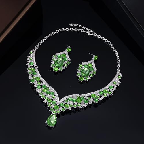 Kamirola Bridal Wedding Tiara Crown Jewelry Set for Women/Brides/Bridesmaids Crystal Jewelry Set for Wedding Prom Party Bridal Crystal Necklace Earrings Bracelet Set(TR60) - color: Silver Light Green