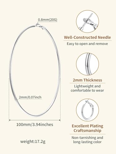 FindChic Thin Hoop Earrings for Women,Silver/Black/Gold Plated 20-100mm - color: Silver, size: 100mm