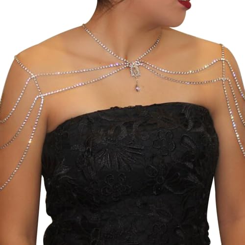 Rhinestone Tassel Shoulder Chain Necklace,Multi-Layered Rhinestone Shoulder Arm Chain Sexy Rave Crystal Fringe Back Chain Bridal Wedding Shoulder Body Jewelry for Women - color: Gold