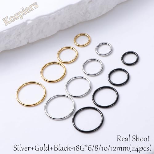 Nose Rings 20G 18G 16G 316L Surgical Steel Hinged Clicker Segment Nose Hoop Helix Cartilage Daith Tragus Sleeper Earrings Body Lip Piercing Jewelry for Women Men 6mm 7mm 8mm 10mm 12mm - style: 19:Silver+Gold+Black-18G*6/8/10/12mm(24pcs)