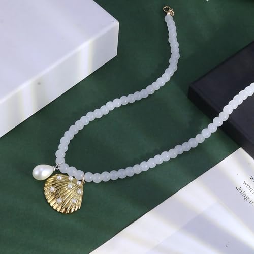 Fish Shell Necklace for Women, Beaded Necklaces Boho Statement Necklace, Pearl Necklaces Summer Beach Vacation Dress & Costume Jewelry - color: White-shell