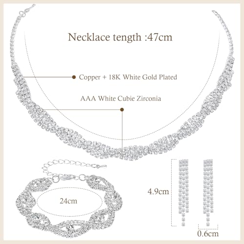3PCS Silver Wedding Jewelry Set for Women Brides Rhinestone Necklace Earrings Bracelet Bridal Wedding Jewelry Sets for Bridesmaid Prom Costume Accessories Jewelry - color: 3#