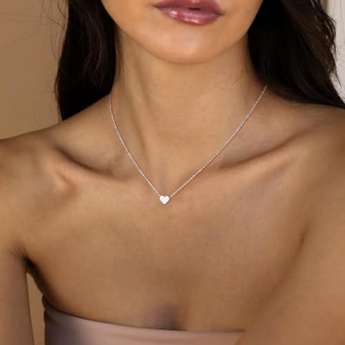 Airmb Cute Heart Necklace for Women Gold/Silver Plated Heart Pendant Choker Necklaces Tendy Love Heart Chain Necklace Dainty Gold/Silver Necklace Jewelry Gifts for Women - color: Silver-Tiny Heart- O chain