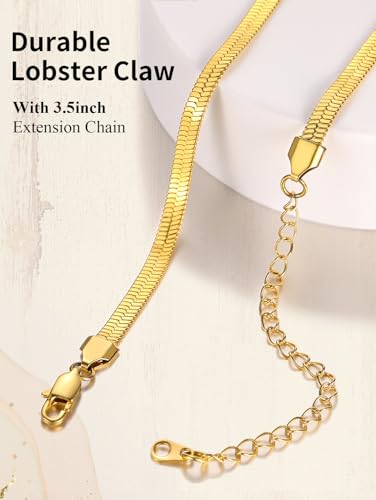 ChainsHouse Flat Snake Chain Herringbone Choker Necklace for Women, Stainless Steel/Rose Gold/18K Gold Plated Dainty Adjustable Simple Short Layered Necklaces, 12"/15"/18" with 3.5" Extender - color: a. 14k gold plated-5mm