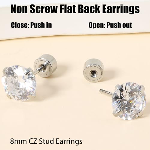 Threadless Flat Back Earrings, Hypoallergenic 14K Real Gold Plated CZ Stud Earrings | Cartilage Earring | Tragus Helix Piercing Jewelry | Push in Flatback Earrings for Women Men - color: Silver, size: 8 Millimeters