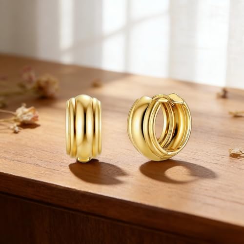 925 Sterling Silver Hoop Earrings for Women Chunky Small Huggie Earrings | Hypoallergenic Lightweight Huggy Earrings Crafted with 925 Sterling Silver Posts Fashion Jewelry Gifts - color: Gold Chunky Huggie Earrings