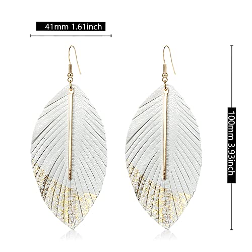 Bohemian Handmade Lightweight Color Large Genuine Soft Leather Fringe Feather Leaf Tear Dangle Drop Earrings for Women Statement - color: 2-White