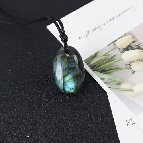 FANASY Natural Raw Crystal Necklace for Women Irregular Stone Necklaces Spiritual Gemstone Pendant with Adjustable Rope - color: Labradorite