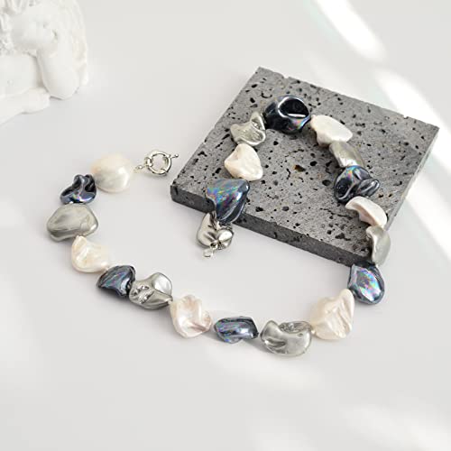 Pearl Choker Necklace for Women Boho Beaded Statement Necklace with Black White Large Freshwater Pearls Silver Fashion Jewelry Gift - color: Black white grey