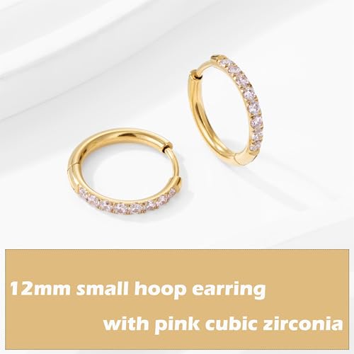 Hypoallergenic Unisex Surgical Steel Small Cubic Zirconia Huggie Hoop Earring, Color Gold - Silver - Rose Gold - Black - Rainbow, Size 6mm- 12mm Safe for Sensitive Ear - style: 12MM Gold Hoops, Pink CZ