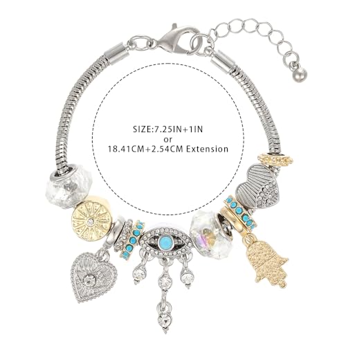 Madison Tyler Gold Plated Bracelet for Women | Celestial Rectangular Plaque Evil Eye Ace of Hearts Playing Card Beaded Charm Bracelet | Cute Adjustable Snake Chain Bracelet - style: Evil Eye