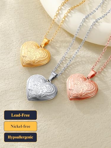 U7 Women Locket Necklace, Heart Photo Lockets Hold Picture, Gift Box Packed | Gold/Silver/Rose Locket Charm, Custom Picture and Engravement Heart Pendant, 20" Chain, Personalized Gift for Mom Wife Friend - color: 02# Platinum*Flower Grain