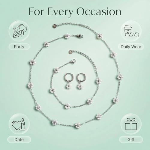 Daisy Pearl Jewelry Set for Women, 14K Gold Plated Stainless Steel Necklace Bracelet Earring 3 Piece Set, Dainty Pearl Choker Flower Necklace Birthday Gift for Her - color: Silver Pearl White