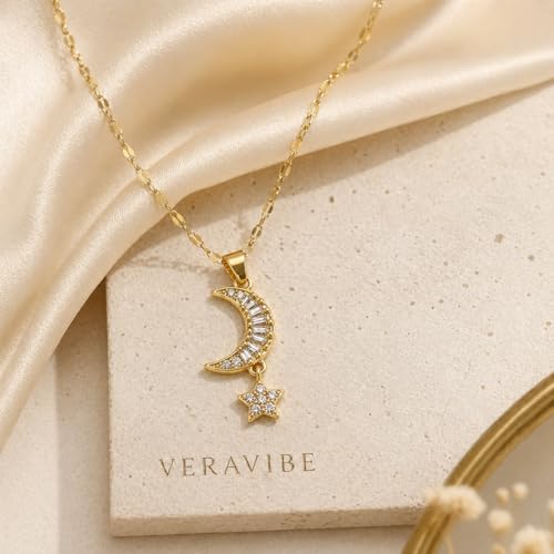 14K Gold Plated Stainless Steel Moon and Star Necklace | Dainty Celestial Crescent Pendant, Cubic Zirconia, Minimalist Boho, For Women, 15.4"+2" Adjustable