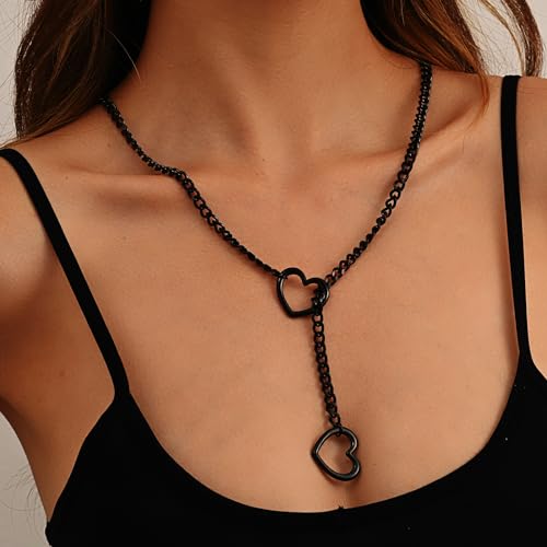 Heart O Ring Slip Chain Choker Necklace for Women Men Stainless Steel Cuban Chain Y-shape Necklaces Punk Rock Collar Adjustable Lariat Y Necklace Prom Necklaces Jewelry - color: Black Heart