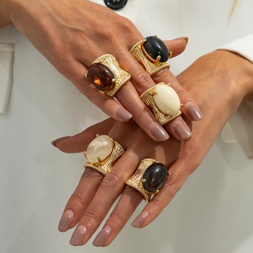Chunky Gold Square Knuckle Finger Ring Set 5Pcs for Women, Vintage Rhinestone Statement Ring, Resin Swirl Gemstone Open Band Geometric Wide Bangle, Personalized Trendy Jewelry Accessories Gift