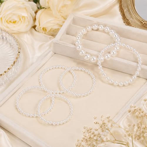 6Pcs Pearl Bracelets for Women, Boho Pearl Bracelet Stack Adjustable Stretch Simulated Pearls Beaded Bracelet for Bridesmaid Bridal Wedding