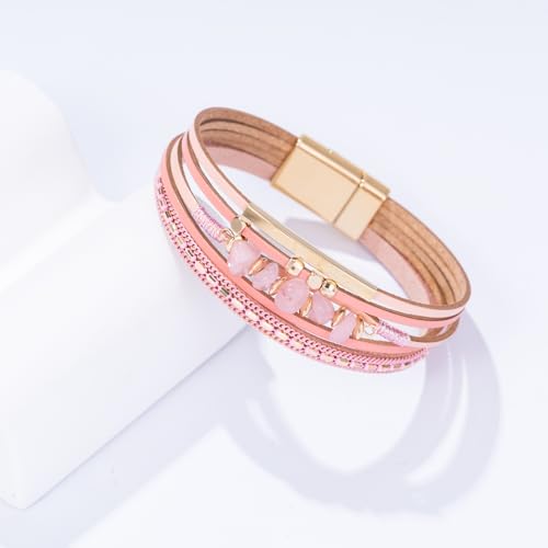 Boho Gemstone Beaded Leather Wrap Bracelets Stackable Chunky Cuff Bracelet Western Jewelry Cowboy Chic Country Concert Outfits for Women - color: Pink