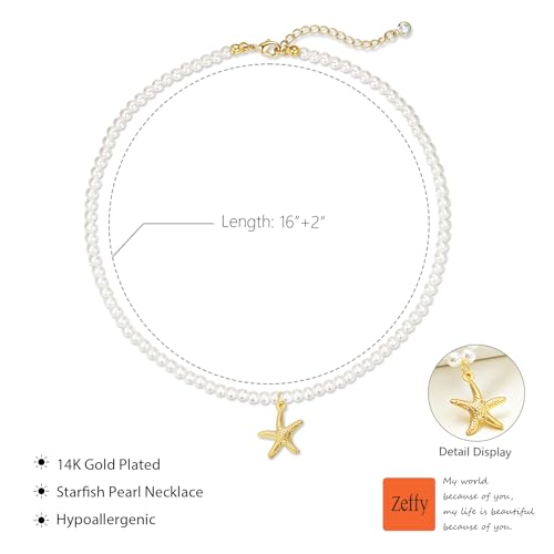 Zeffy Pearl Necklace 4MM/6MM/8MM Dainty Round Imitation Pearl Choker Necklace Wedding Pearl Necklace Delicate Jewelry for Women Simple Bridesmaid Jewelry Gifts - style: 4mm Gold Starfish Pearl Necklace(16"+2")