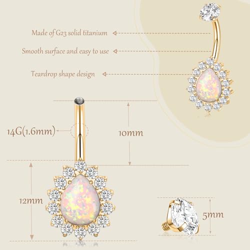 AROWRO Gold Belly Button Ring G23 Titanium Hypoallergenic 14G belly ring for Women Men Teardrop Navel Piercing Jewelry 10mm Barbell With Cubic Zircon - color: Gold+White Opal