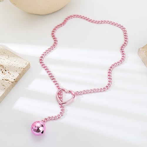 Slip Chain Choker for Women Handmade Black Stainless Steel Cuban Chain Chunky Moon Bat Raven Skull Pendant Gothic Punk Rock Collar Adjustable Lariat Y Necklace for Men - style: Pink bell
