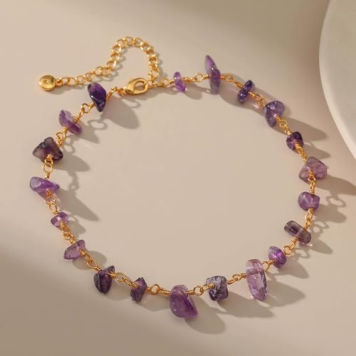 Ankle Bracelets for Women 18K Gold Plated Anklet for Women Gold Charm Anklet Waterproof Summer Beach Foot Chain Jewelry Gifts - style: raw amethyst anklet