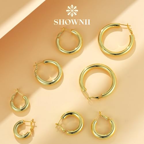 SHOWNII Chunky Gold Hoop Earrings - 14K Gold Plated Earrings for Women Hollow Tube Lightweight Thick Hoops 20/25/30/40mm Valentines Graduation Mother's Day Birthday Gifts - color: 25 Millimeters-Gold Plated & White Gold Plated