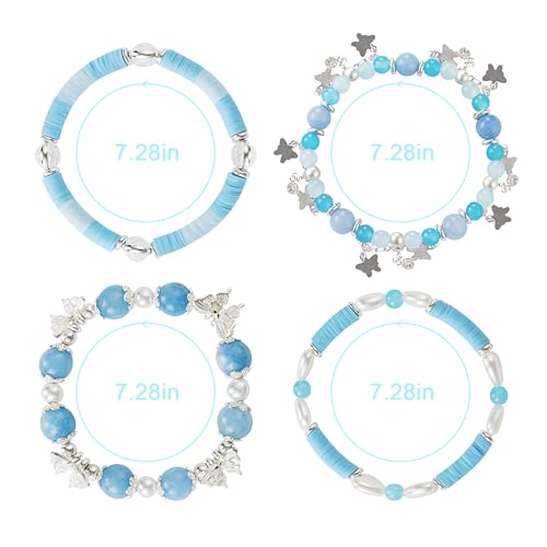 Besydec Stackable Boho Beaded Bracelets With Natural Stone & Pearl Heart & Clay Beads for Women,Adjustable Silver Jewelry - color: Blue
