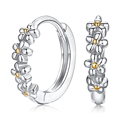 Sterling Silver Hoop Earrings for Women, Dainty Small Huggie Hoop Earrings | Hypoallergenic Daisy Color Cubic Zirconia Flower Hoops Earring Jewellery Gifts for Ladies Birthday Wedding, 12mm Hoop - color: Yellow-dot