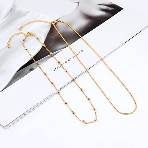 Freekiss Layered Necklace Set for Women Stackable | Herringbone Snake Cuban Rope Chain, Dainty Choker, Layered Stackable, Non Tarnish, Hypoallergenic, Adjustable 14-18.5" - color: Gold, style: Layer Beaded Choker+1.5mm snake