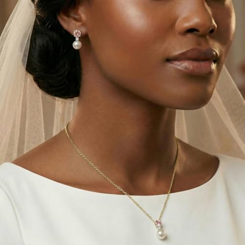Mariell Pearl Wedding Necklace Earrings Set with CZ Crystal, Jewelry for Brides, Bridesmaid, Mother's Day - color: Gold-Champagne Cubic Zirconia